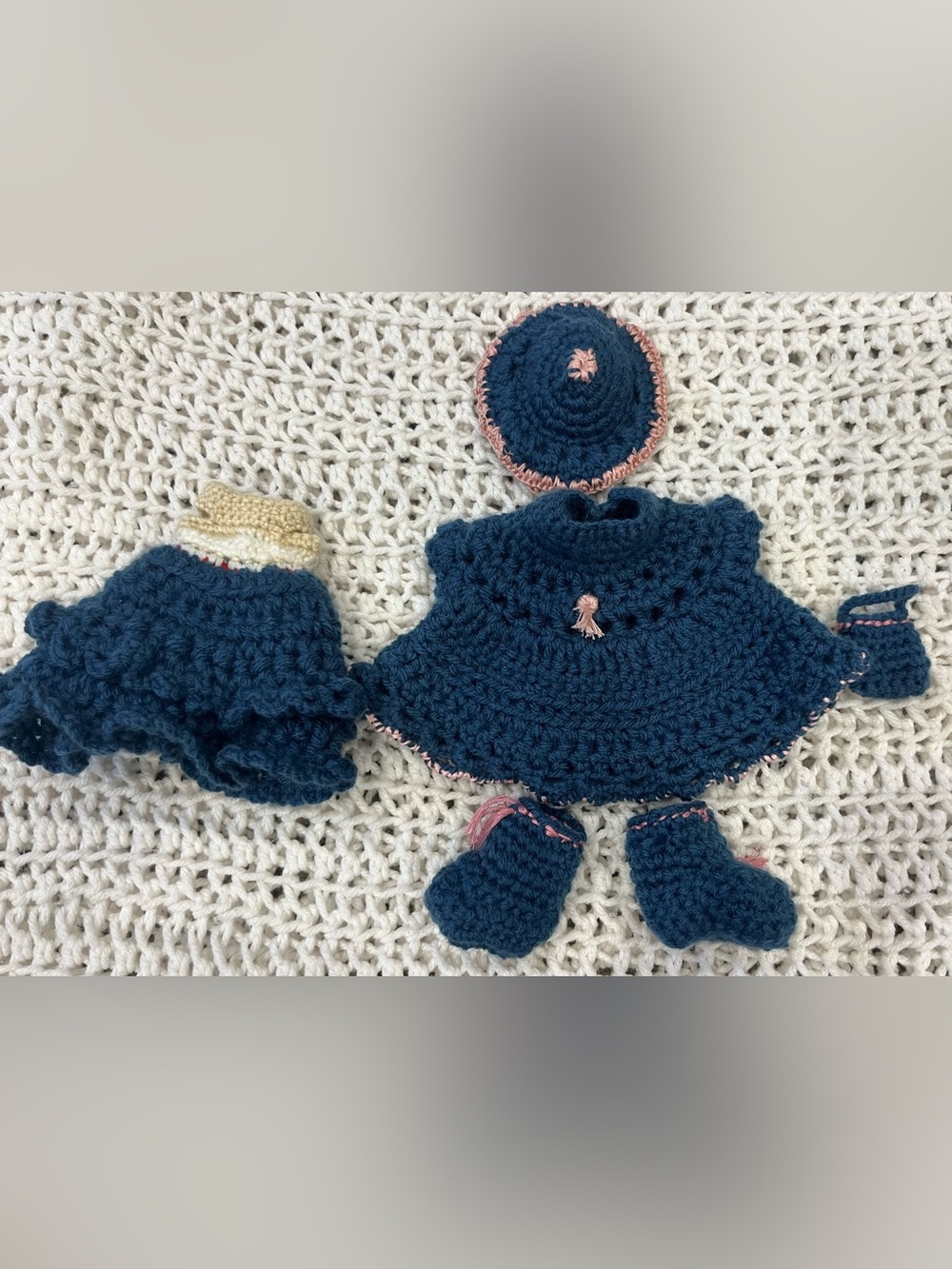 Handmade Crochet Doll Outfit Set Blue Pink Poncho Hat Boots Purse OOAK